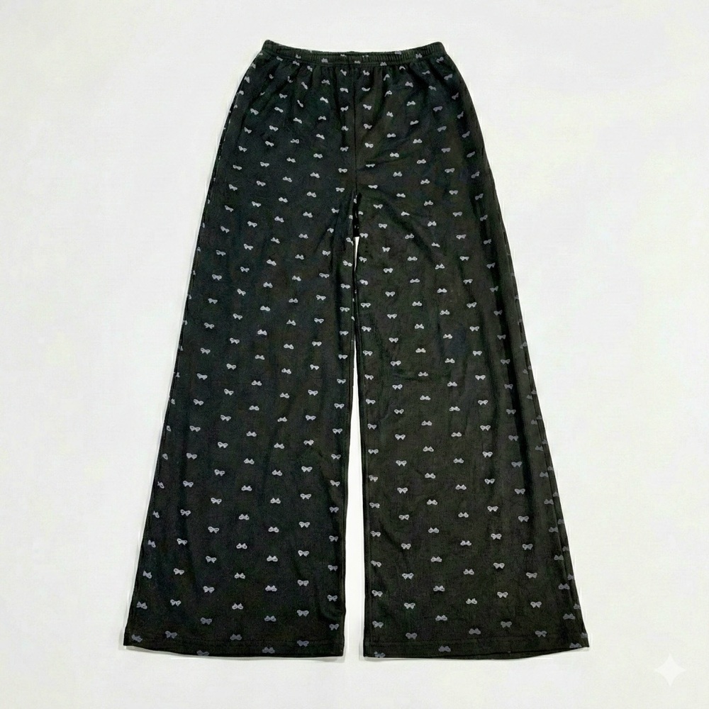 Black Ribbed Bow Print Wide Leg Pants Medium Coquette